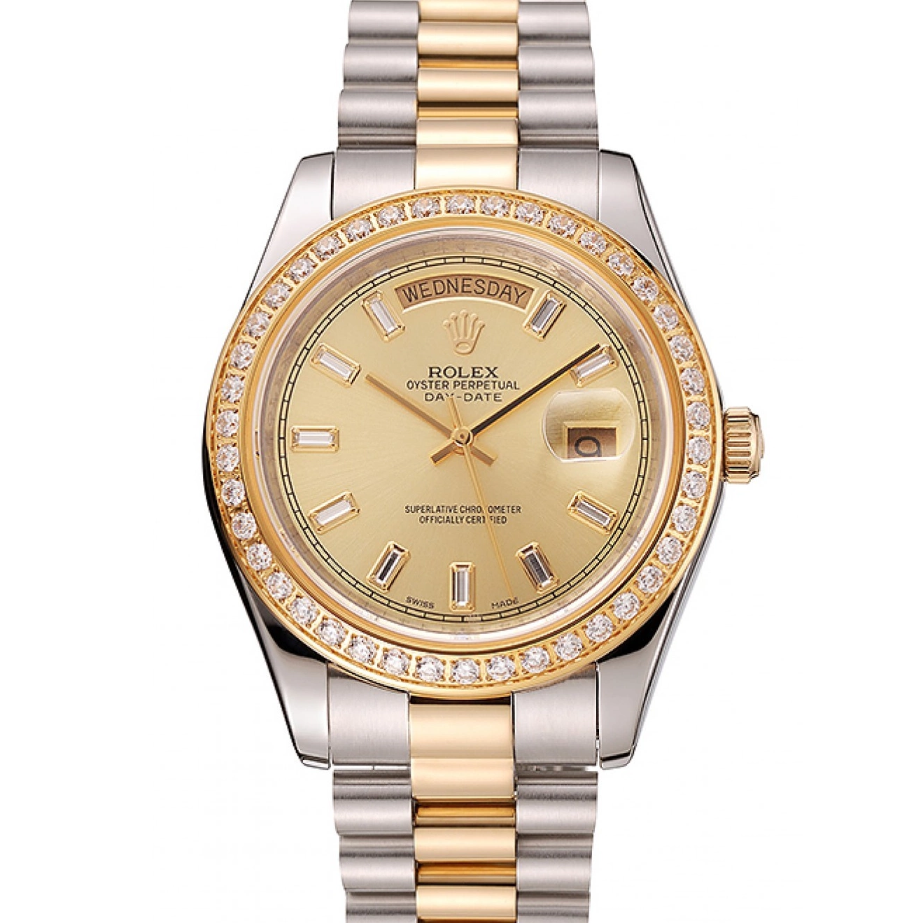Aaa replica watch Day-Date Swiss Bracelet Dial Two Rolex Bezel 1454103 Tone Champagne Diamond 0607